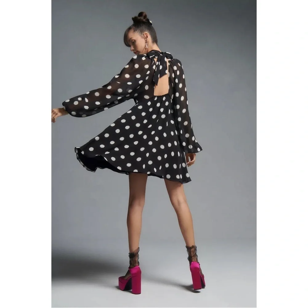 Anthropologie Maeve Black Sheer Long-Sleeve Polka Dot Mini Dress M NWT - Picture 5 of 11